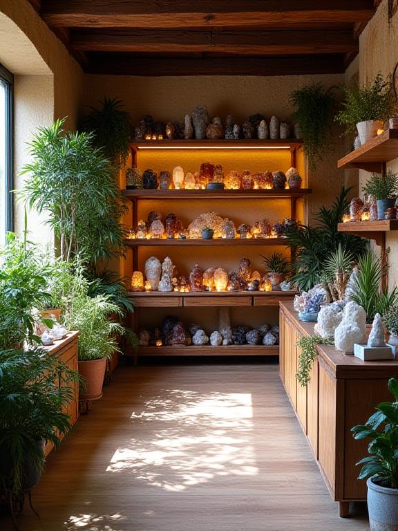 Interno del negozio Muschio e Quarzo con piante e scaffali di minerali e cristalli
